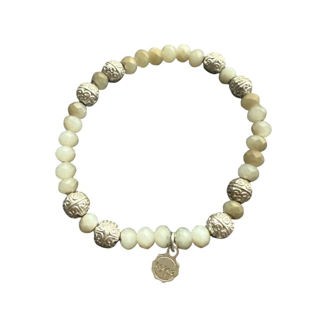 Lizas Beaded Bracelet With Ornate Silver-Tone & Cream Beads Stretch Style